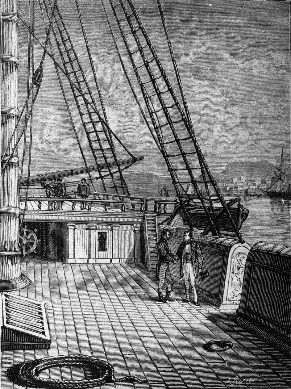 Den amerikanske opfinder Samuel Finley Breese Morse (1791-1872) ombord på skibet "Sully" den 13/10/1832. Det var på denne rejse, han udviklede grundlaget for opfindelsen af telegrafen. Indgravering af det 19. århundrede af Unknown artist