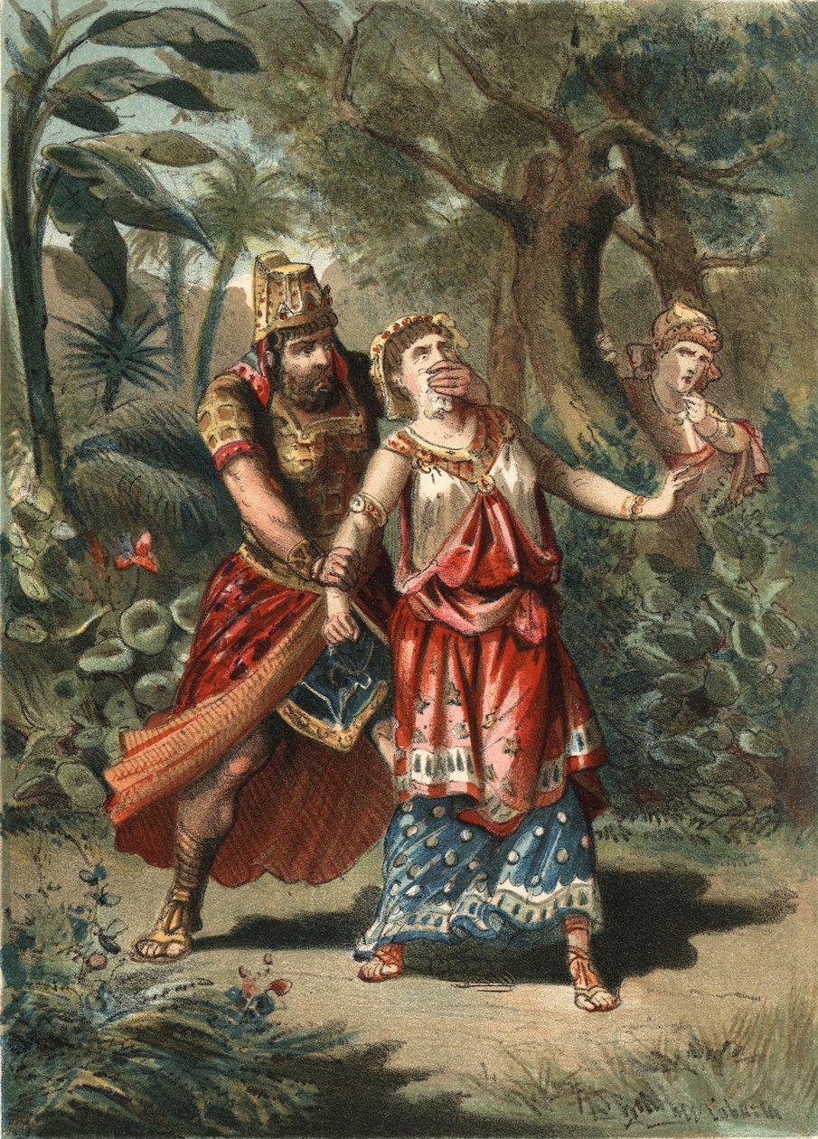 Amestris, kone til Xerxes, perserkongen, bliver bortført af en tjener fra Artaynte. i "" Skønhedskulturen"" af Juan Justo Huguet, Molinas Hermanos redaktører af Unknown artist