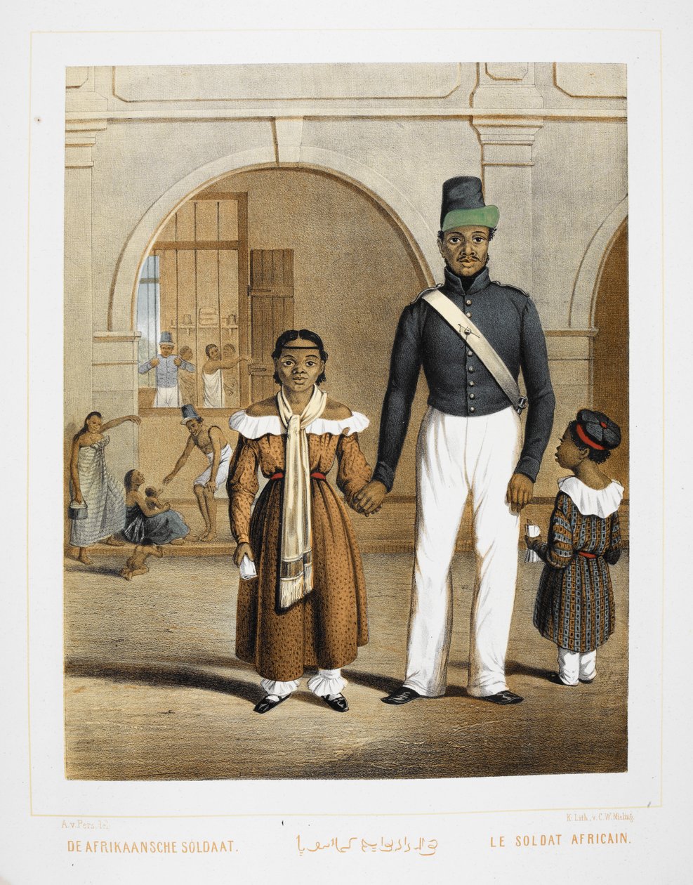 En afrikansk soldat med sin familie. Indbyggere i Indonesien. af Unknown artist