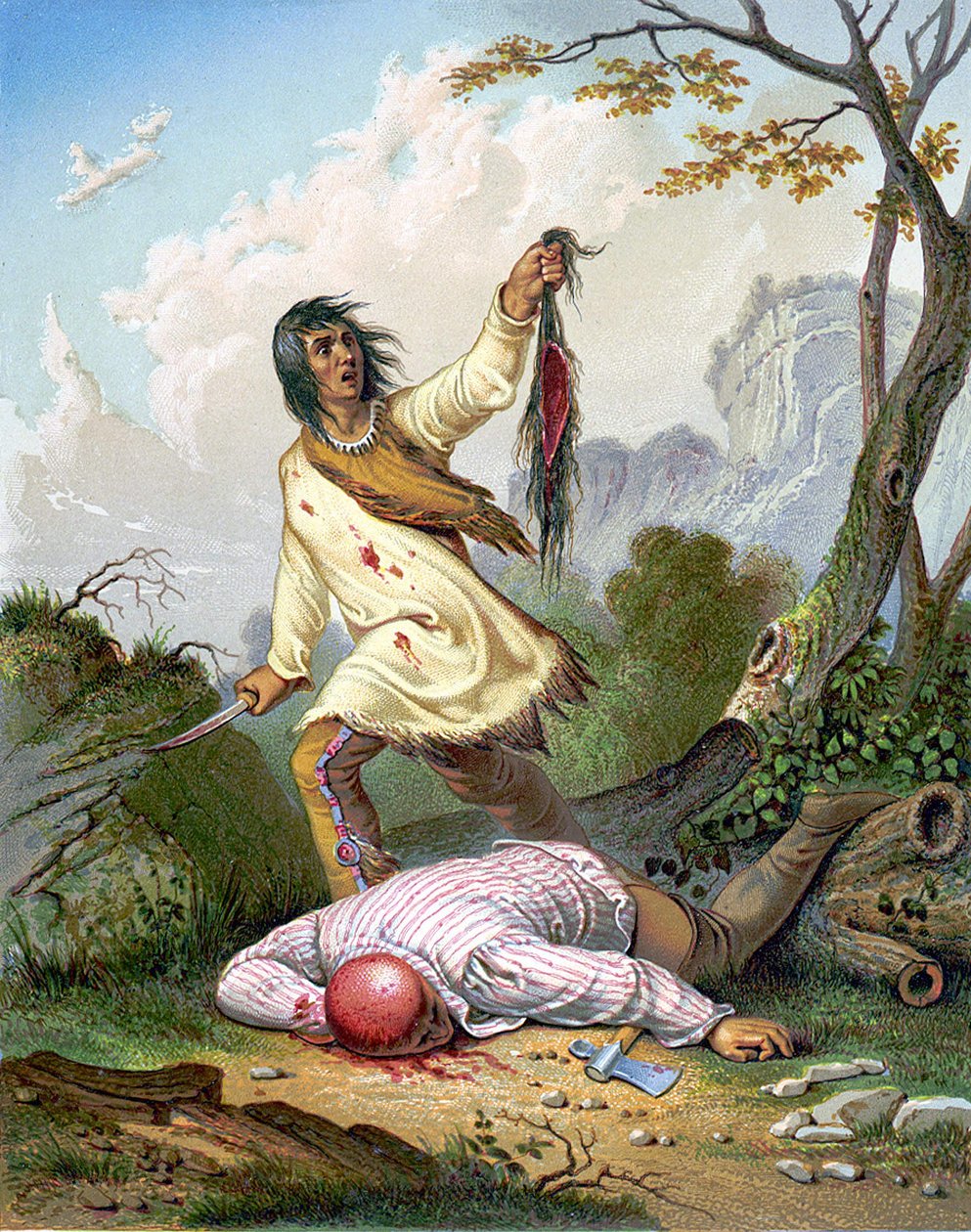 En amerikansk indianer holder en kniv og en hovedbund over en mand, der ligger på gulvet. Stik v. 1860. af Unknown artist
