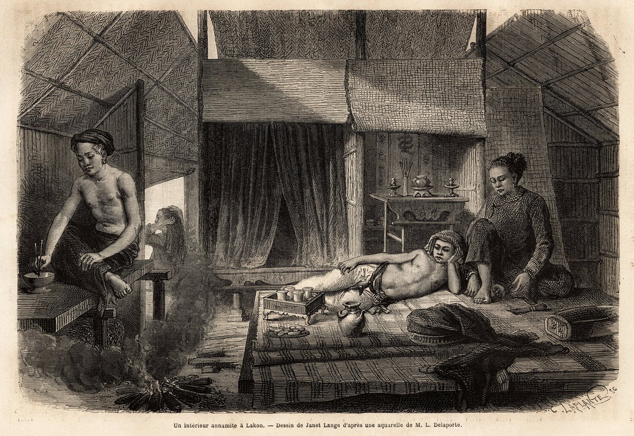 Et Annamit-interiør i Lakon (Laos). Gravering til illustration af udforskningsrejsen i Indokina af Francis Garnier, løjtnant de Vaissseau, i 1866-1868, udgivet i "" Le tour du monde""" 1870-1871, redigeret af Edouard Charton, udgave Hachette, Pa. af Unknown artist