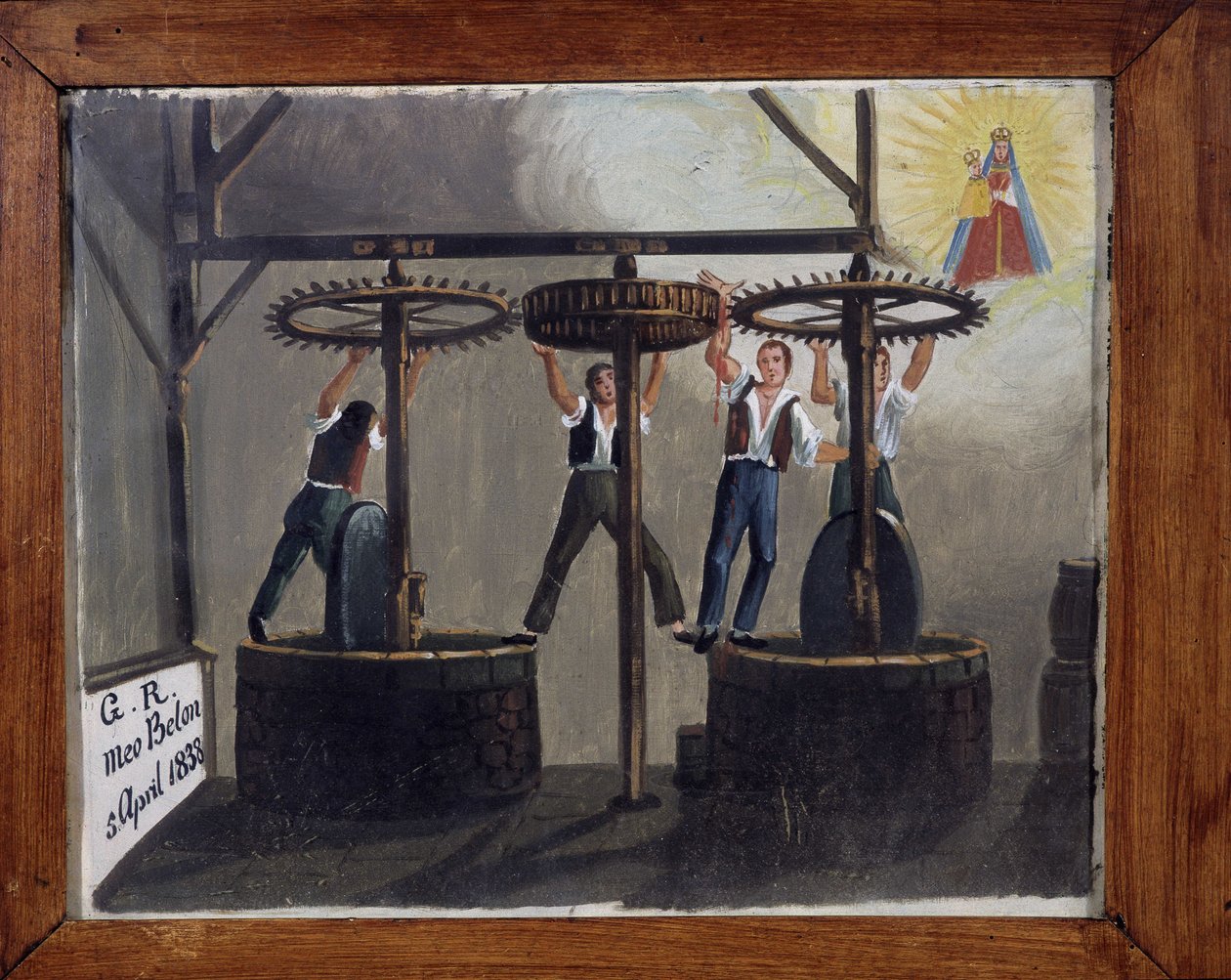 En ulykke ved olivenoliepressen - ex-voto fra Notre Dame de Laghet af Unknown artist