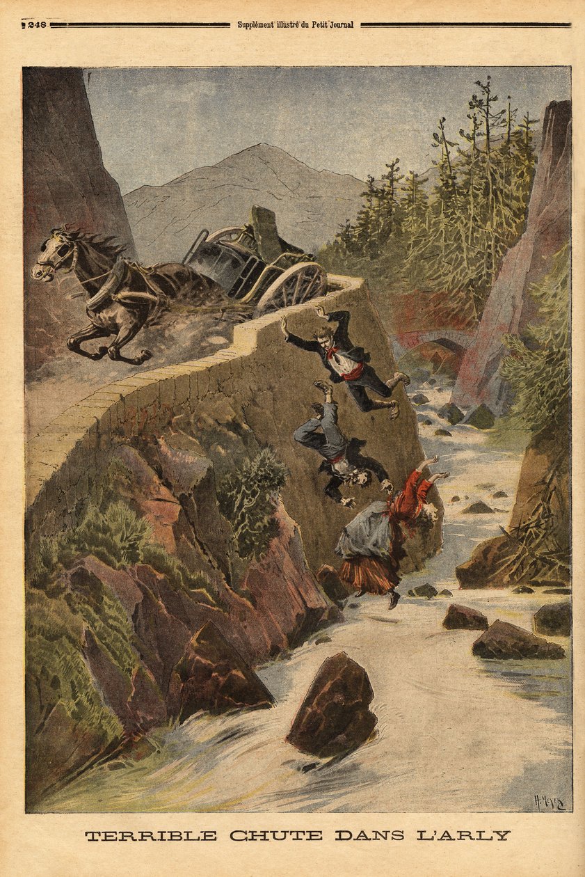 Et uheld med en tank på en bænk i Savoie, køretøjet vælter, og passagererne udfældes i Arly. Indgravering i "" Le petit journal"" 2/08/1896. Selvas samling. af Unknown artist