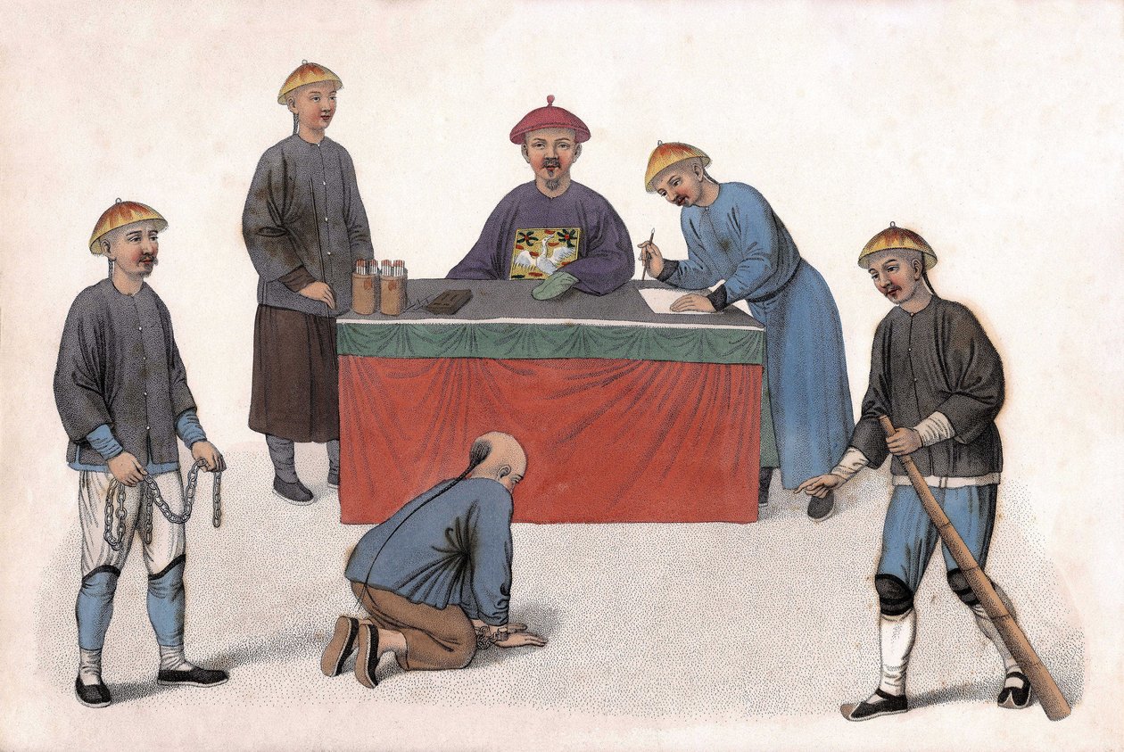 En anklaget for en dommer blev bistået af en kontorist, en sekretær og vagter. i "The Punishment of the Chinese", London af Unknown artist