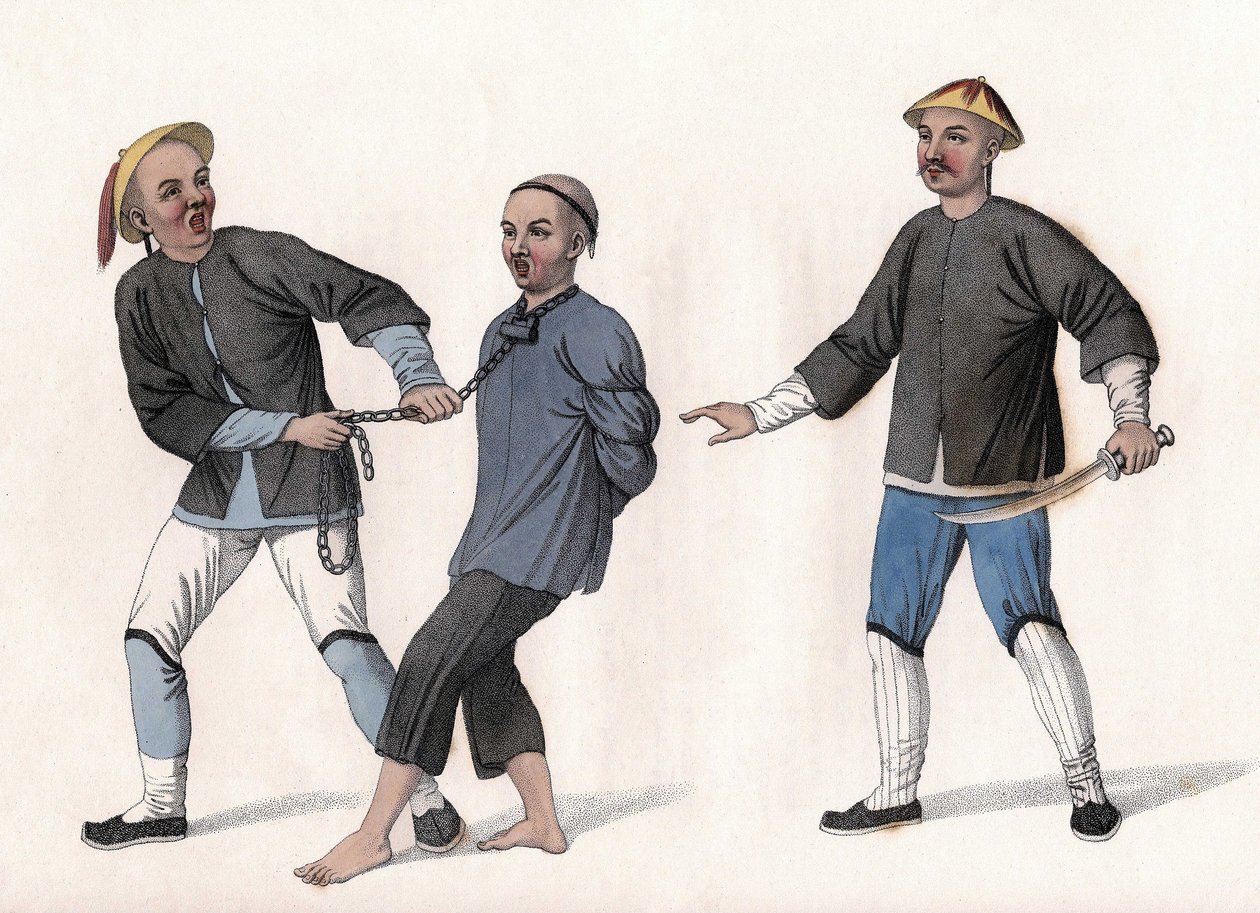 En anklaget føres i fængsel, bundet med en kæde om halsen. Indgravering i "The Punishments of the Chinese", London af Unknown artist