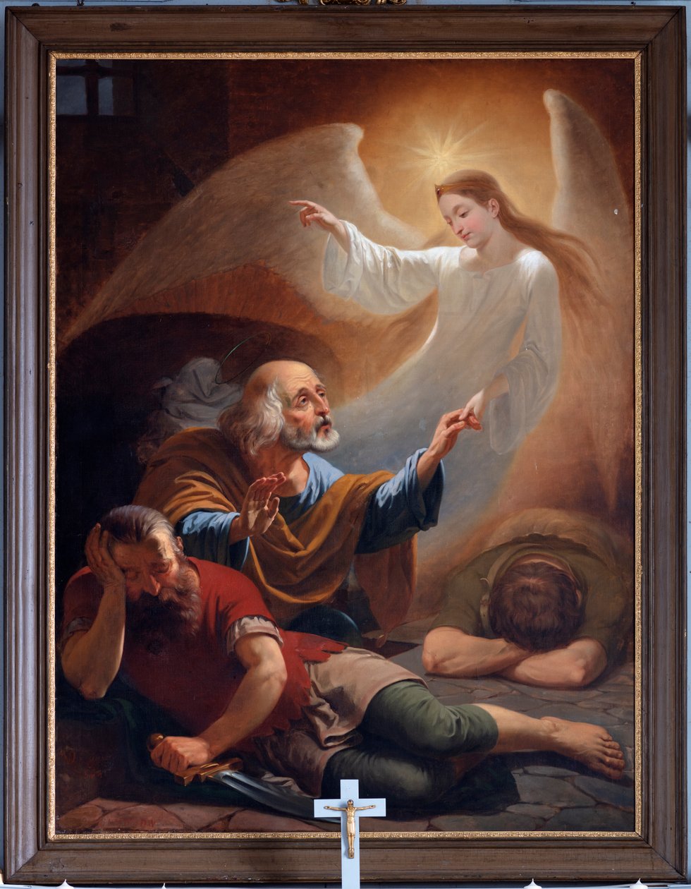 En engel befrier Sankt Peter fra fængslet, tegnet F. Devigne (?) af Unknown artist