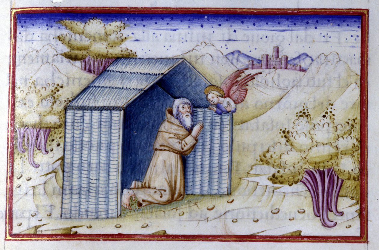 En engel besøger en eremit. 15. århundredes manuskript. Bibl. Nazionale Braidense. af Unknown artist