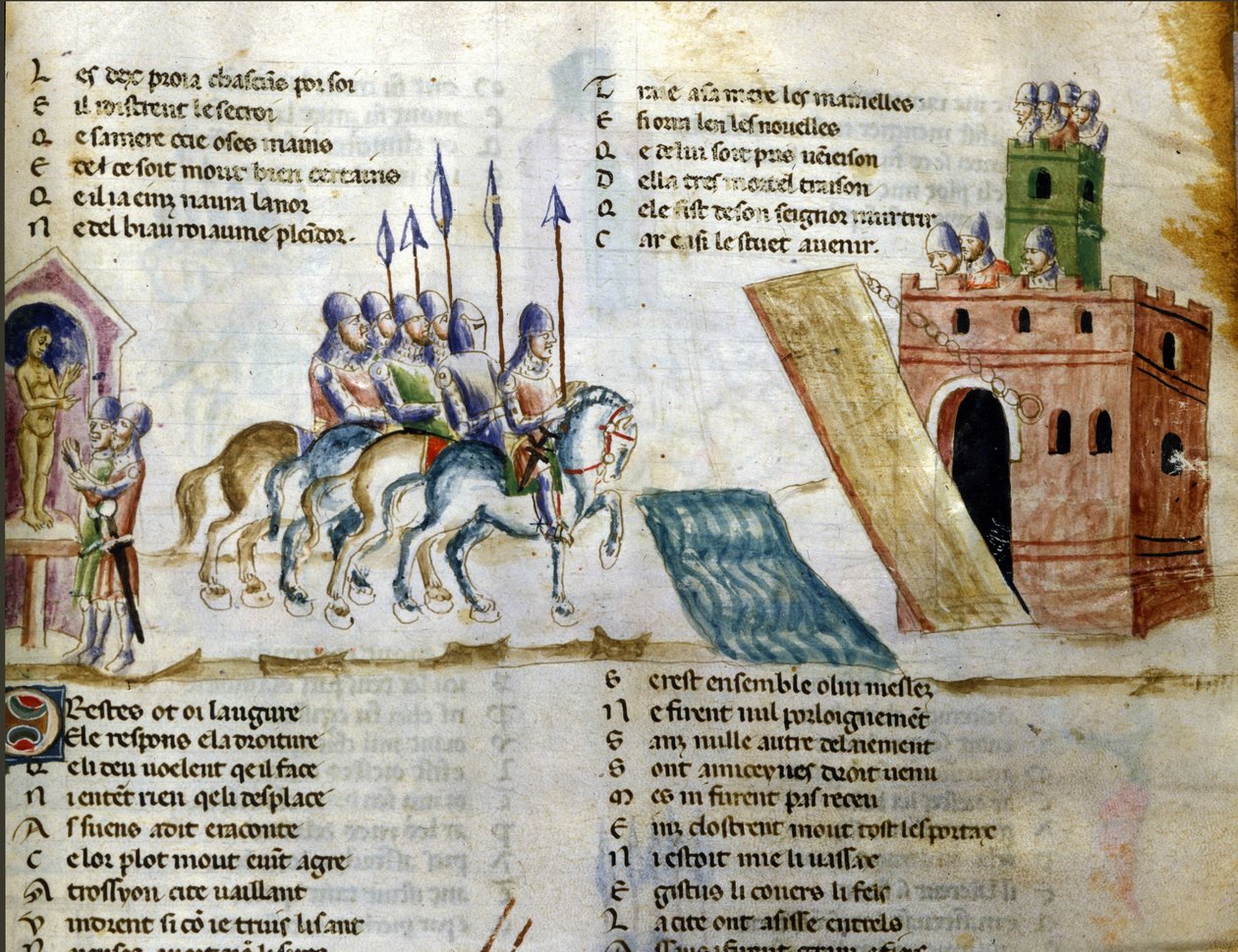 En hær nærmer sig et slot. Miniature af "Roman de Troy"" af Benoit de Sainte Maure. 1300-tallet, Biblioteca Marciana, Venedig af Unknown artist