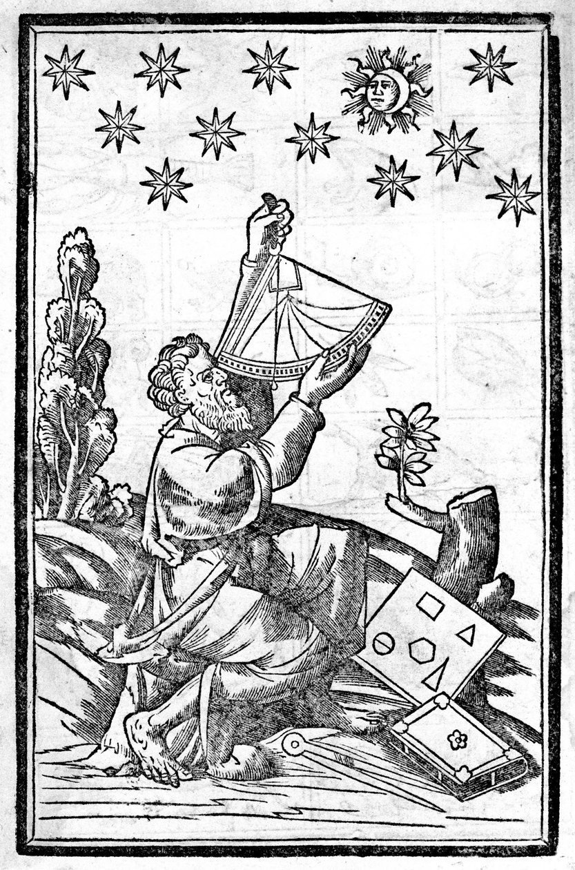 En astrolog tager højden med sin sekstant under en formørkelse. af Unknown artist