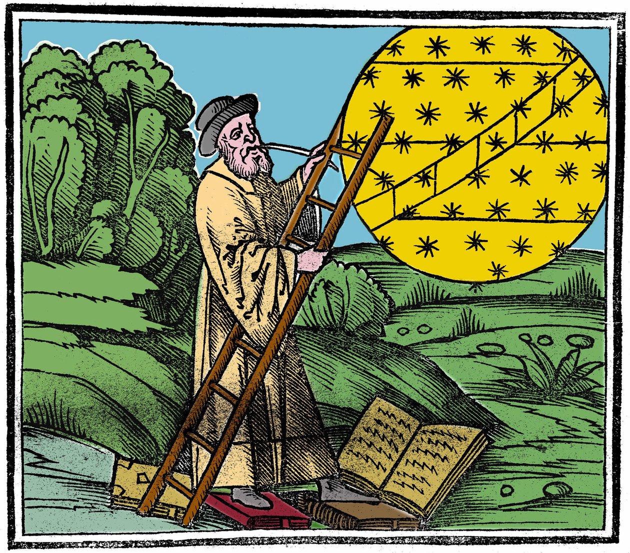 En astronom sætter en stige for at klatre op i himlen. af Unknown artist