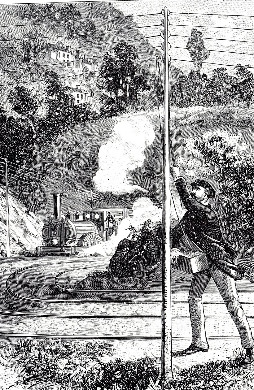 En gravering, der forestiller en togarbejder, der sender et nødsignal på en jernbanetelegraf af Unknown artist