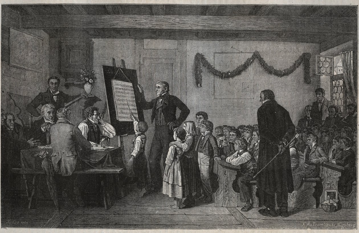 En eksamenstime på en schweizisk skole - gravering i "La suisse" af Jules Gourdault af Unknown artist