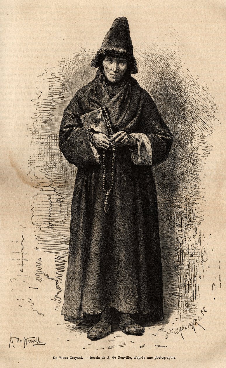 En gammel troende, der tilhørte den russiske folkekirke (og afviser den ortodokse kirke), der repræsenterer en af de utallige kulter, der har udviklet sig på territoriet, tager dette religiøse påskud for at udtrykke deres dybe politiske uenighed med Mos af Unknown artist