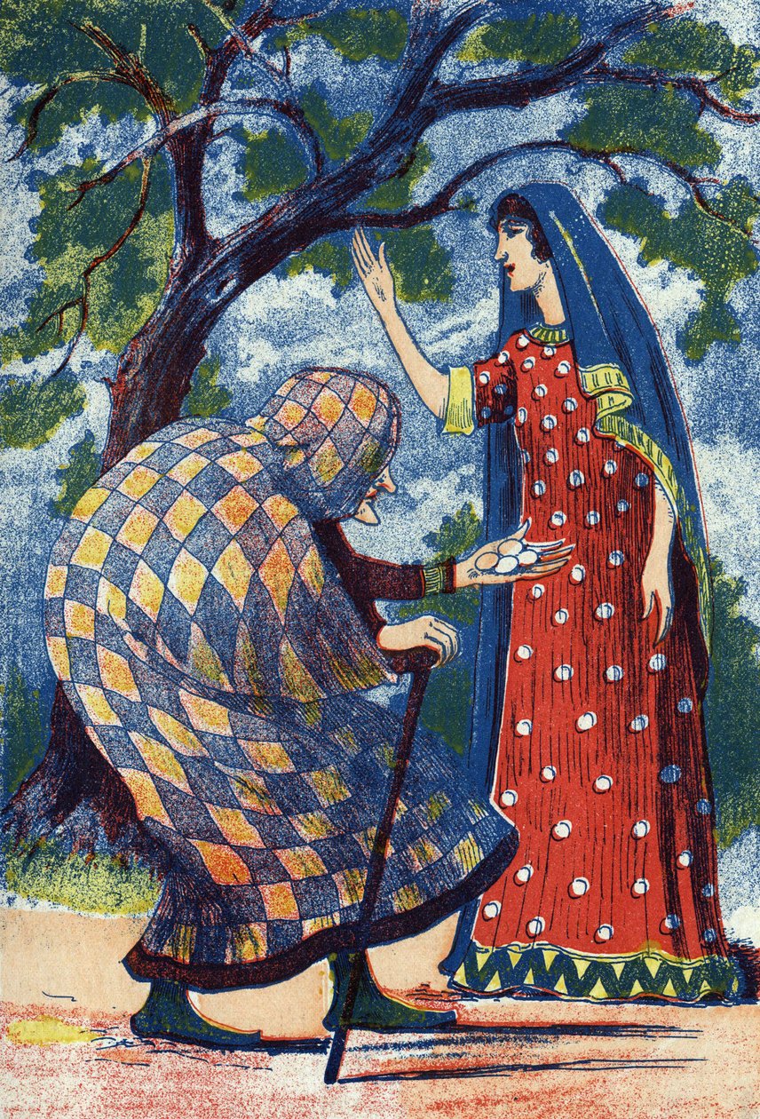 En gammel dame giver fire æg til Florine. Anonym illustration til fortællingen "L