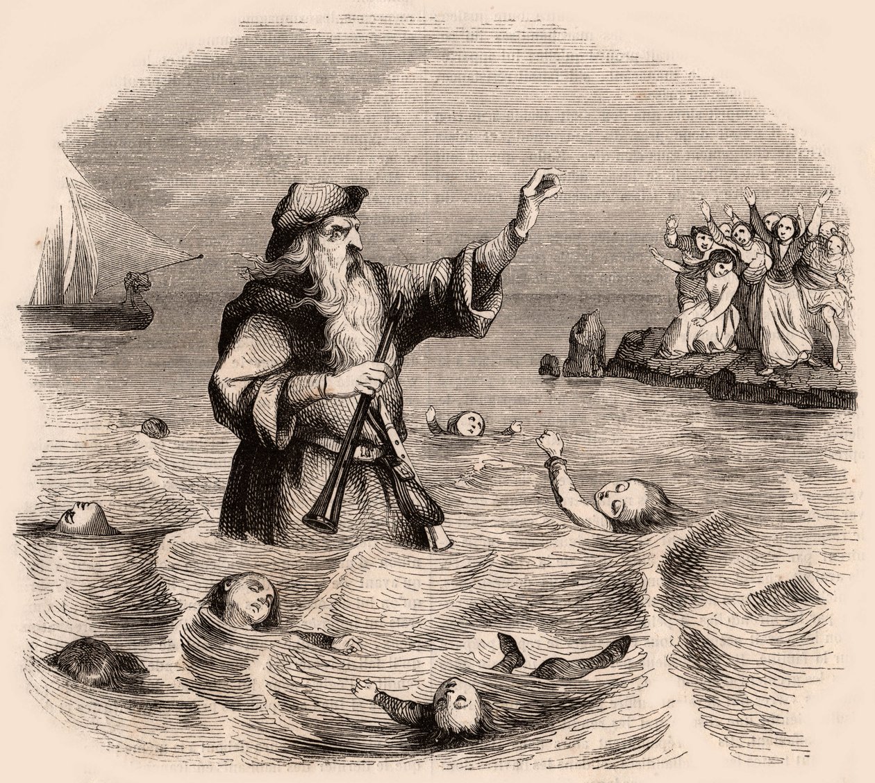 En gammel mand, der drukner børn i havet, fra en populær tysk traditionel legende af Unknown