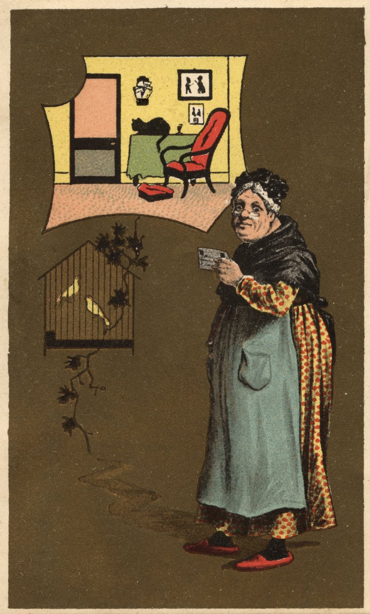 En gammel kvinde holder en kop nær et bur med fugle. Anonym kromolitografi, slutningen af det 19. århundrede. af Unknown artist