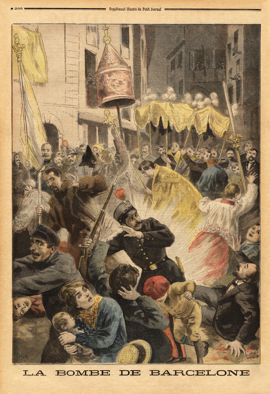 Anarkistisk angreb i Barcelona, bombeeksplosion i procession, der forlader kirken Santa Maria, street nuevos cambios. Indgravering i "" Le petit journal"" 21/06/1896. Selvas samling. af Unknown artist