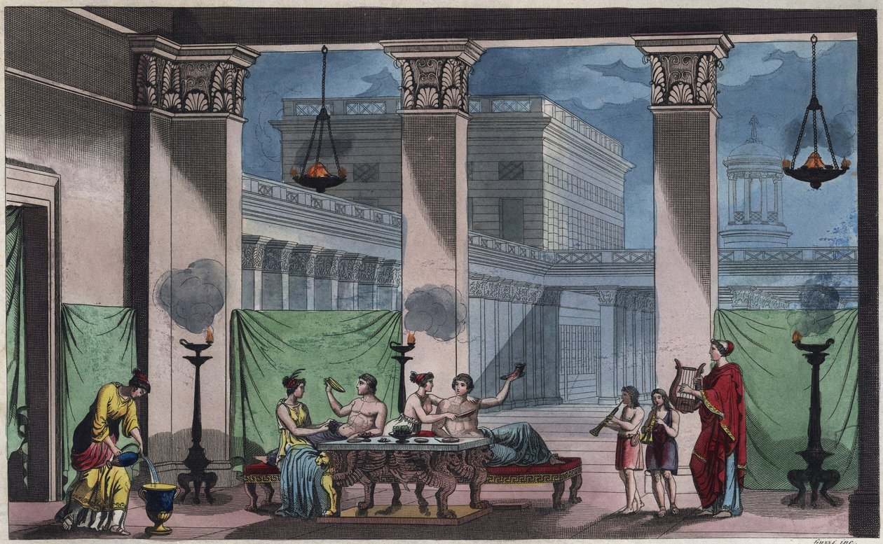 Det antikke Grækenland - Triclinium - indgravering fra "" Skikke og traditioner for alle folk i universet. Det vil sige historien om regeringen, lovene, militsen, om alle nationers religion fra de fjerneste tider til i dag "1856 af Unknown artist