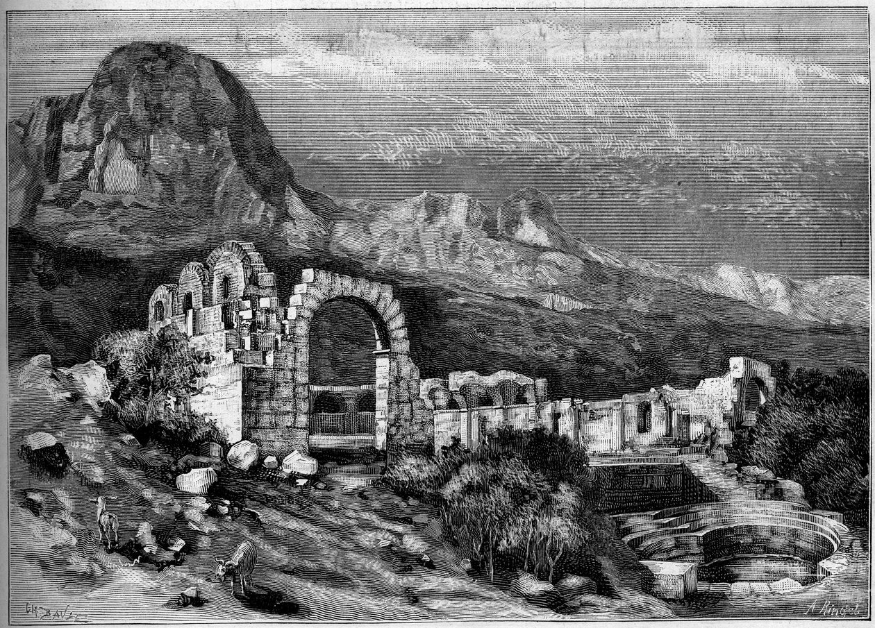 Gammel arkitektur: ruinerne af det romerske tempel Zaghouan (Tunesien). Indgravering af Riugel i "" The Illustrous World"" nr. 1308 af 22. april 1882. af Unknown artist