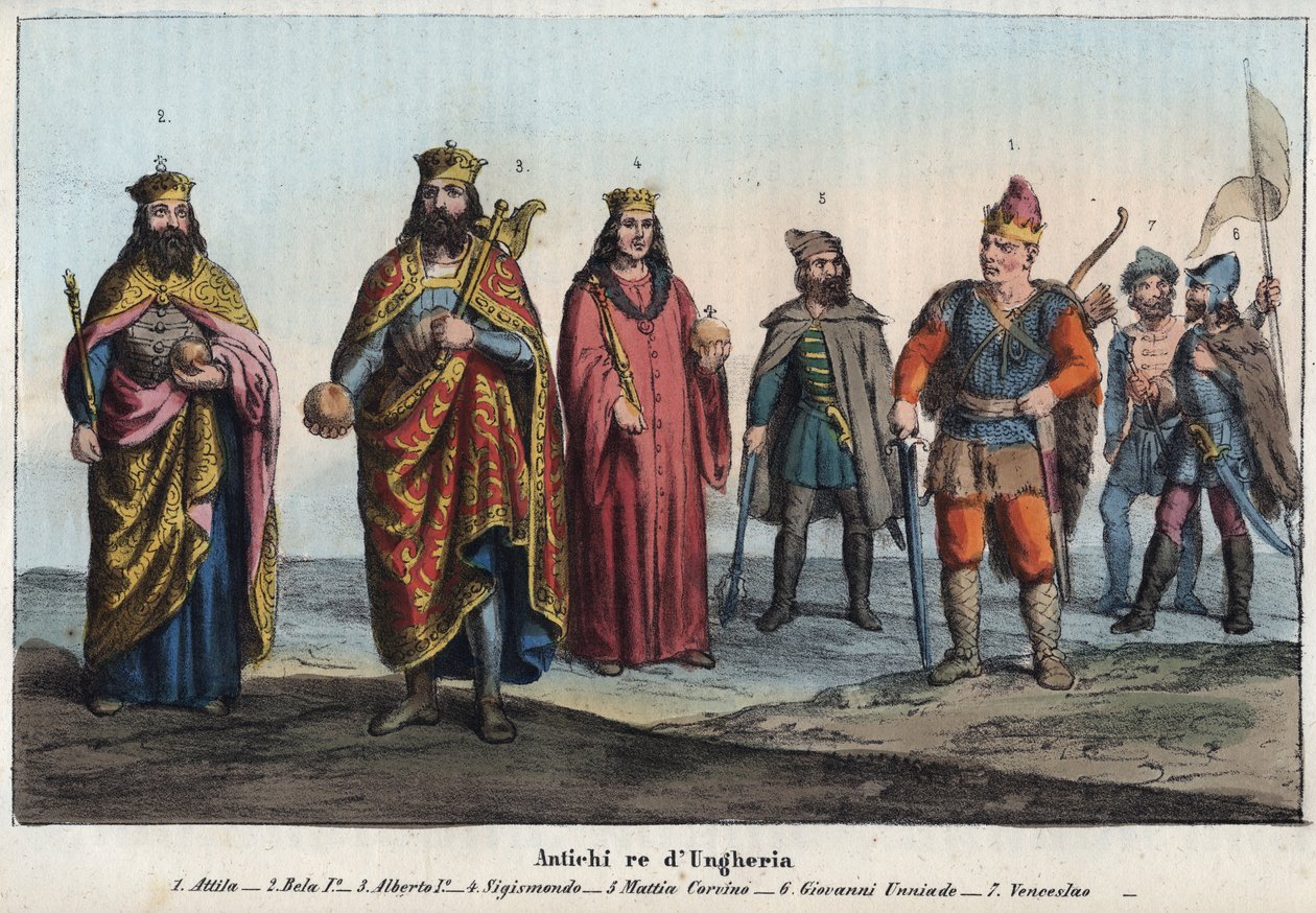 Gamle konge af Ungarn - Attila (ca. 395-453) - Bela I, Mesteren eller Wisen (Bela I arpad kendt som Bela Bisonen eller Bela, Mesteren, ca. 1015-1063) - Albert I af Tyskland (Albert I af Habsburg af Unknown artist