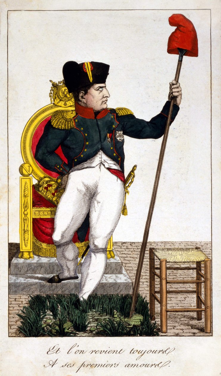 Og vi vender altid tilbage til hans første kærlighed, en karikatur om Napoleon I, der overtog magten i 1815 (Episode of Hundred Days). af Unknown artist