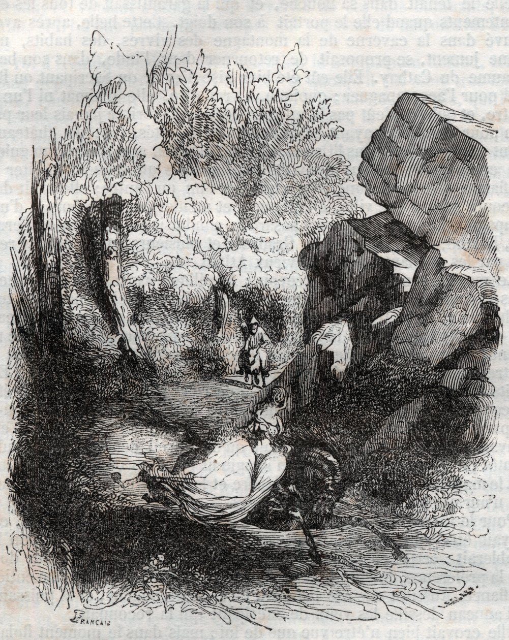 Angelique (Angelica) flygter fra den gamle eremit - indgravering af 1851 fra "" Furious Roland"" (Orlando furioso) (1500-tallet) af Ludovico Ariosto, kendt som Ariosta - Udgave oversat fra italiensk af greven af Tressan og udgivet af Gustave Harvard 1 af Unknown artist