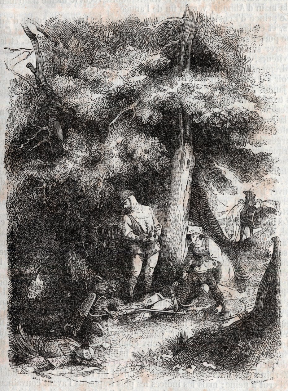 Angelique (Angelica) redde Medor (Medoro) wesse - gravering af 1851 fra "" Furious Roland"" (Orlando furioso) (1500-tallet) af Ludovico Ariosto, kendt som Ariosta - Udgave oversat fra italiensk af greven af Tressan og udgivet af Gustave Harv af Unknown artist