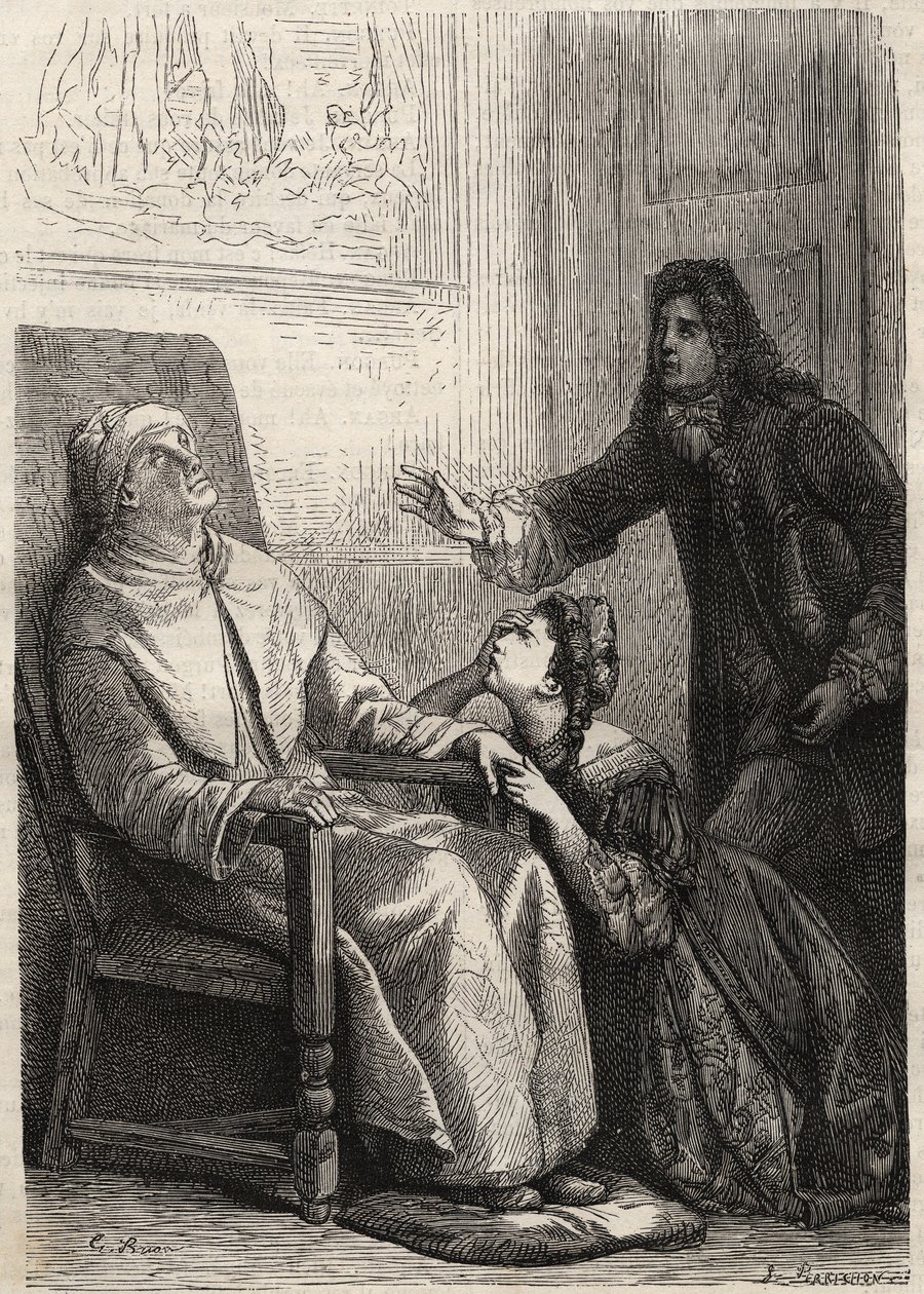 Angelique knæler for sin far, som hun tror død - gravering for Jean Baptiste Poquelin dit Moliere (1622-1673) (Den imaginære invalid) af Unknown artist