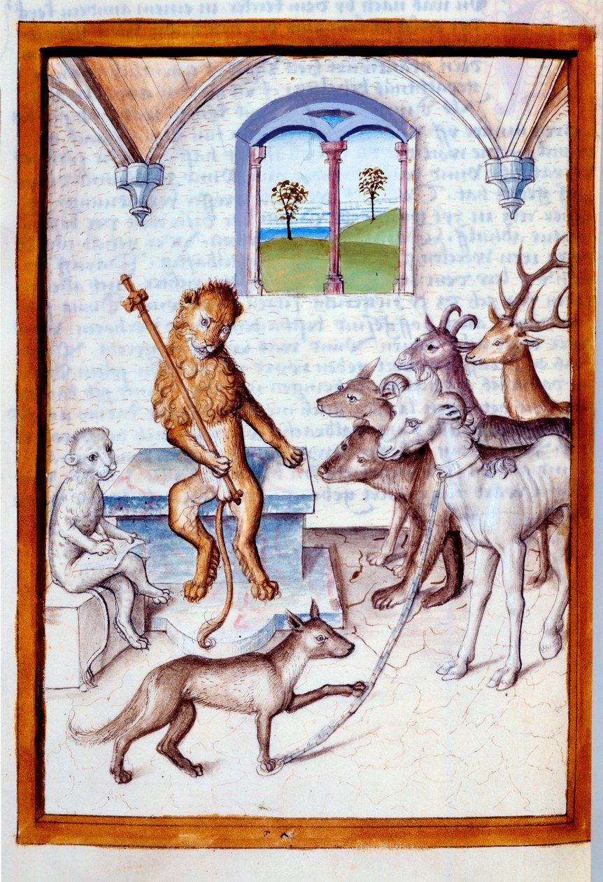 Dyr i menneskers stilling: Løven, dyrenes konge, giver ordrer til geder, hjorte, hjorte og hjorte hjælper et kattedyr i stillingen som skriver. Miniature fra Bidpais "Fables" oversat til tysk af Unknown artist