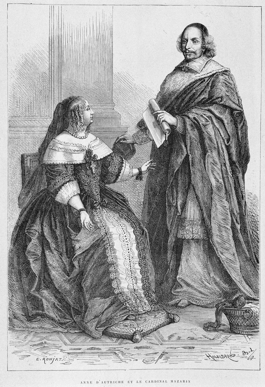 Anne af Østrig og kardinal Jules Mazarin (1602-1661) - Grav., i "Histoire de France fra de fjerneste tider indtil 1789" af M. Guizot af Unknown artist