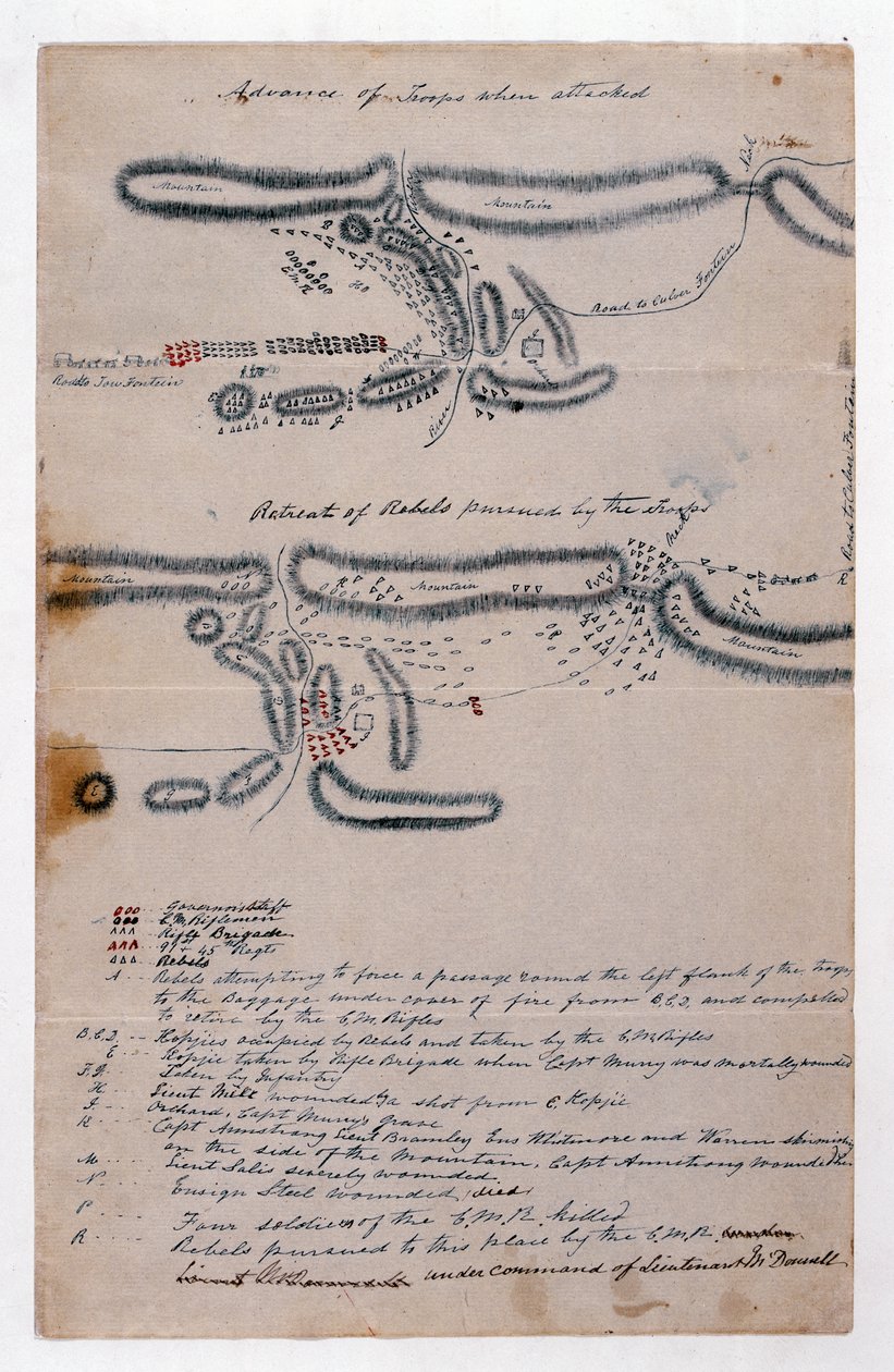Kommenteret skitsekort over slaget ved Boomplaats, 29. august 1848 (papir) af Unknown artist