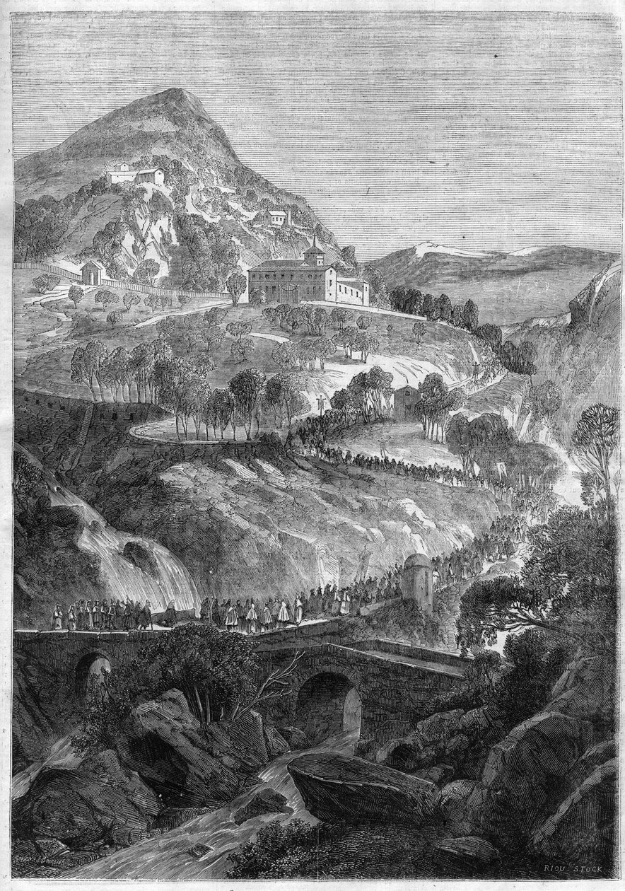 Årlig pilgrimsfærd den 21. marts ved St. Benedikts kloster på Cavo-bjerget (Colli Albani) nær Rom - Indgravering af 1868 af Unknown artist