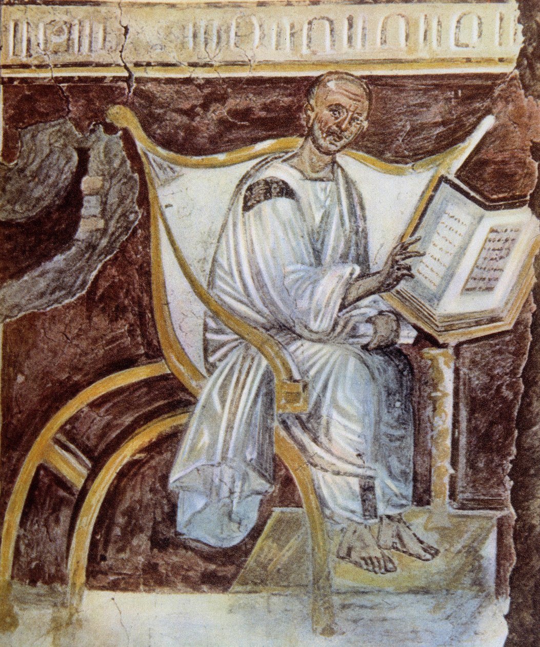 Anonym (omkring det 6. århundrede). Det ældste portræt af Sankt Augustin (354 - 430). Rom. Palazzo Lateranense, Scala Santa (St. Trappe). Faksimile. af Unknown artist