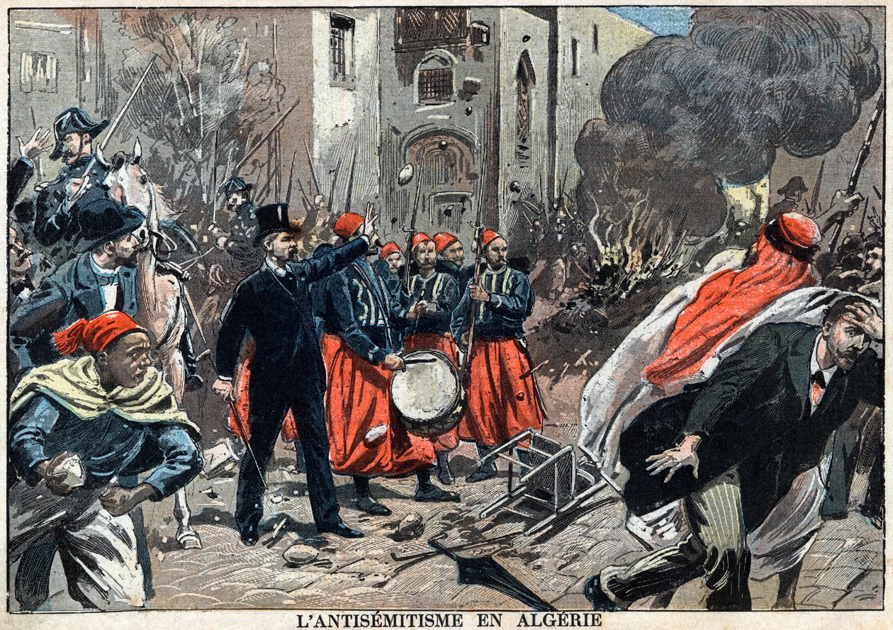 Antisemitisme i Algeriet i 1898 - I Algier fandt antisemitismeprotester sted, generalguvernør Louis Lepine greb ind for at stoppe plyndringen af jødiske butikker, en illustration fra avisen "" Le-Pelerin"" af 6. februar af Unknown artist