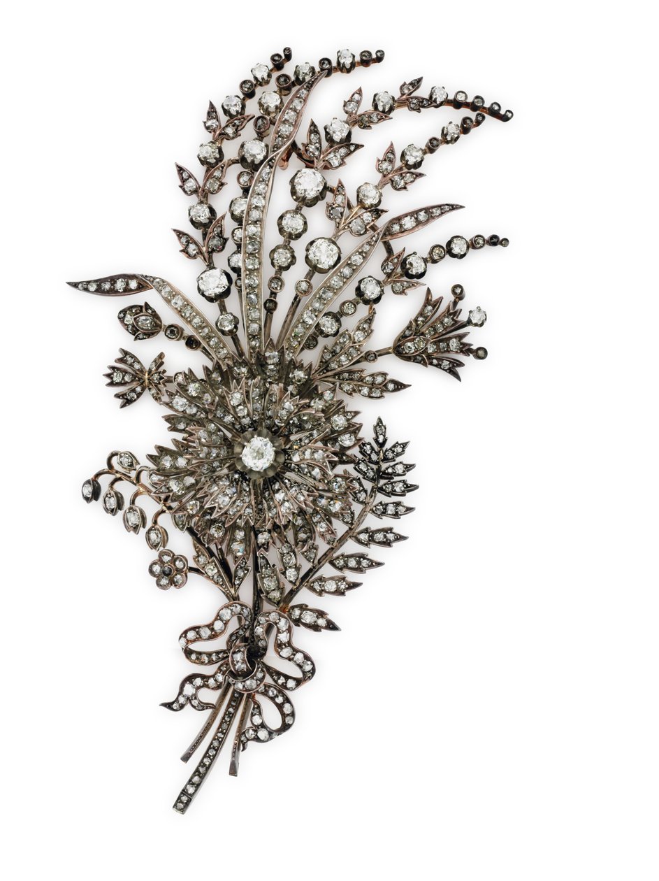 Antik diamant-blomstret corsage-broche, ca. 1885 (diamanter sat i sølv og rosa guld) af Unknown artist