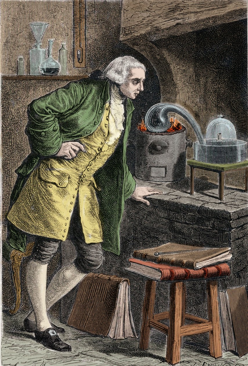 Antoine Laurent Lavoisier (1743-1894) fransk kemiker, der undersøger eksistensen af ilt i luften: eksperiment, hvor han opnåede kviksølvoxid - Lavoisier dans son laboratoire. Indgravering af det 19. århundrede. af Unknown artist