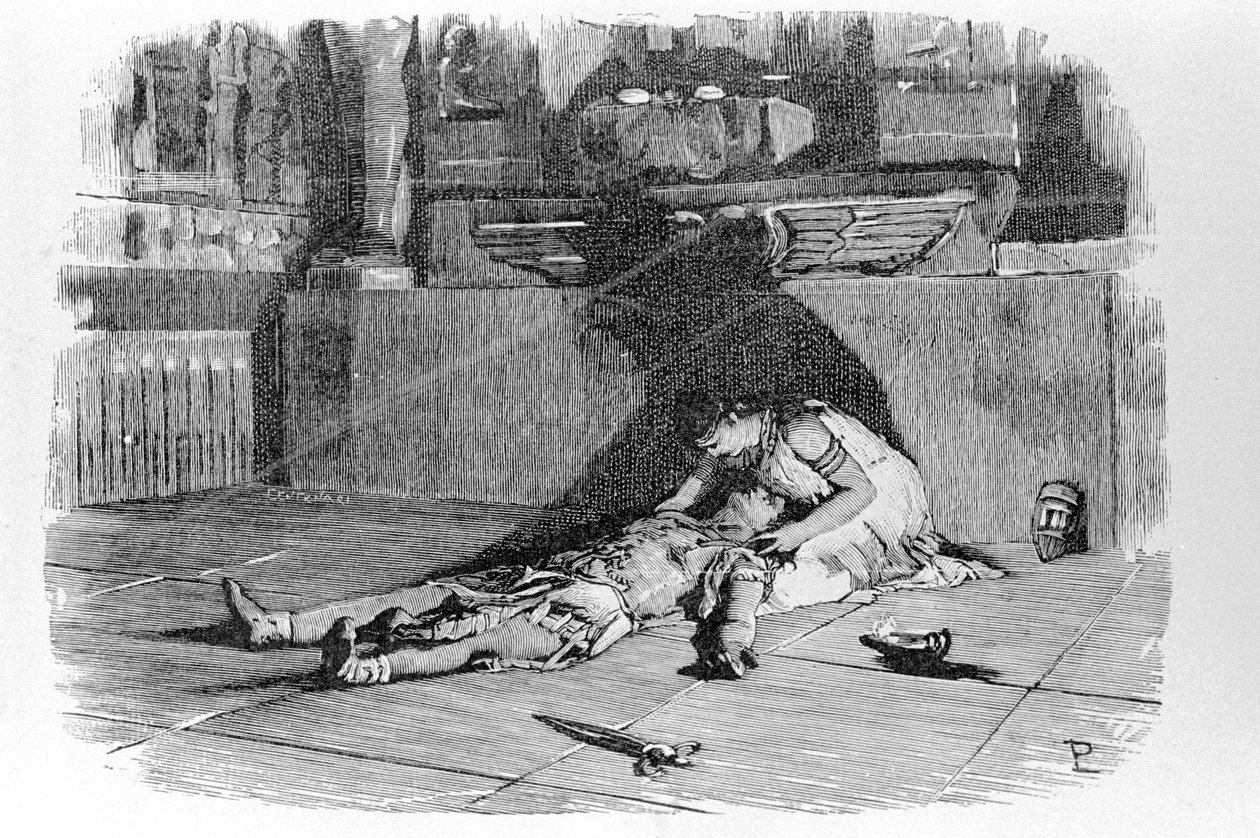 Antoine eller Marc Antoine (83 f.Kr. - 30 f.Kr.) døende i Kleopatras arme efter at være død i troen på Kleopatras selvmord. Indgravering af det 19. århundrede. af Unknown artist