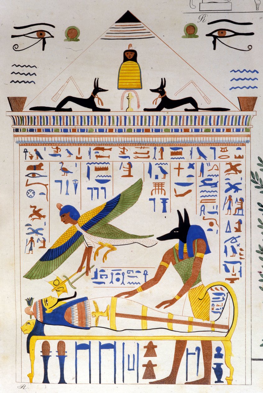 Anubis tager sig af mumien, mens den afdødes sjæl flyver til transmigration - i "" Monumenter af Egypten og Øvre Nubien"" af Ippolito Rosellini (Rossellini). af Unknown artist