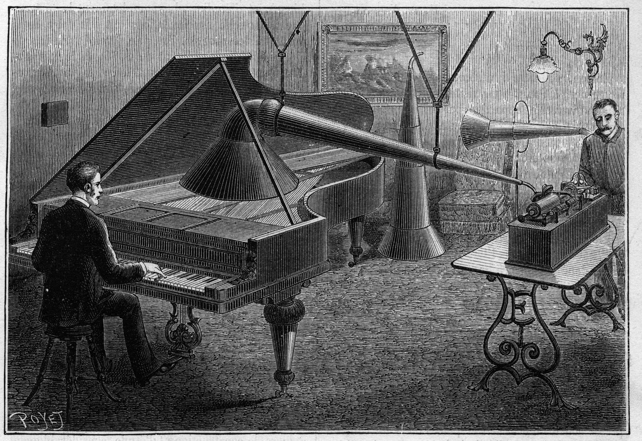 Apparat til at indspille et klaverstykke af fonografen, en opfindelse af Thomas Alva Edison (1847-1931). Indgravering i "" La Nature. Revue des sciences et de ses applications aux arts et a l