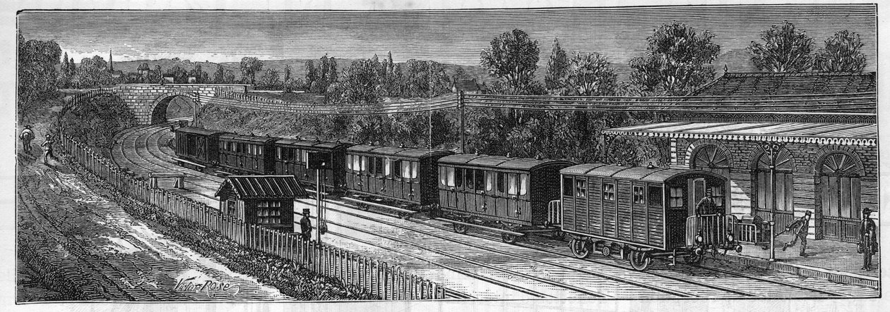 Anvendelse af Faure-batterier: Elektrisk tog på en jernbanestemme i en station. Gravering i "" Le Monde Illustré"" af Unknown artist