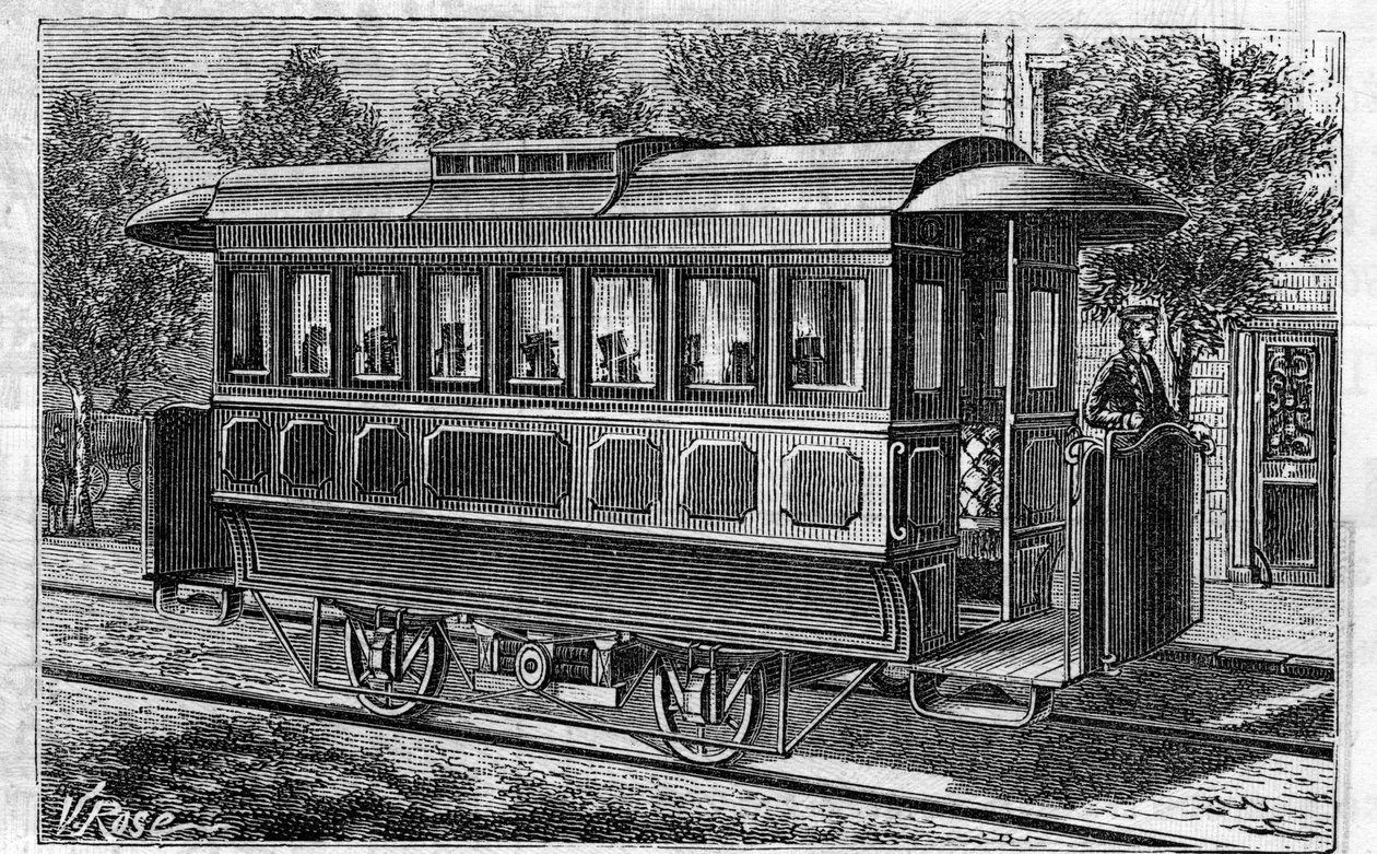 Anvendelse af Faure-batterier: Elektrisk sporvogn, model af firmaet Omnibus, drevet af batterier. Gravering i "" Le Monde Illustré"" af Unknown artist