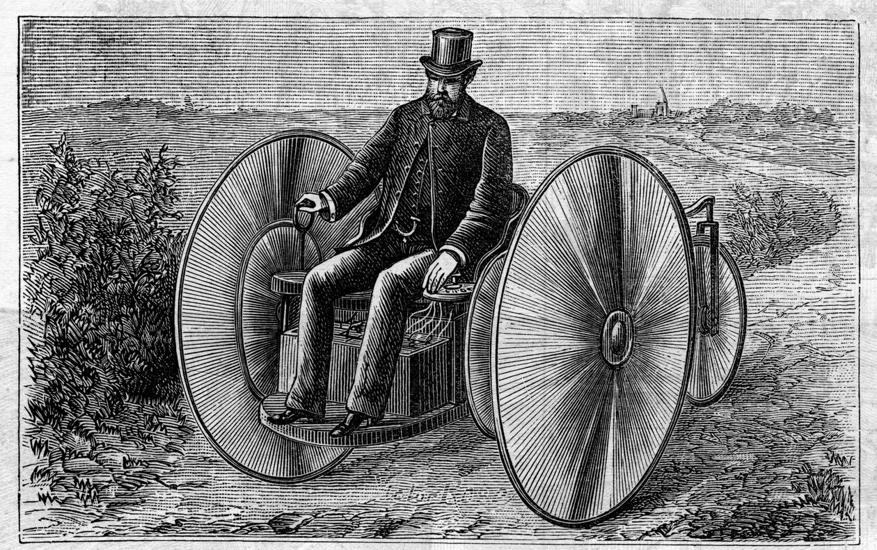 Anvendelse af Faure-batterier: elektrisk trehjulet cykel bevæger sig gennem akkumulatoren. Gravering i "" Le Monde Illustré"" af Unknown artist