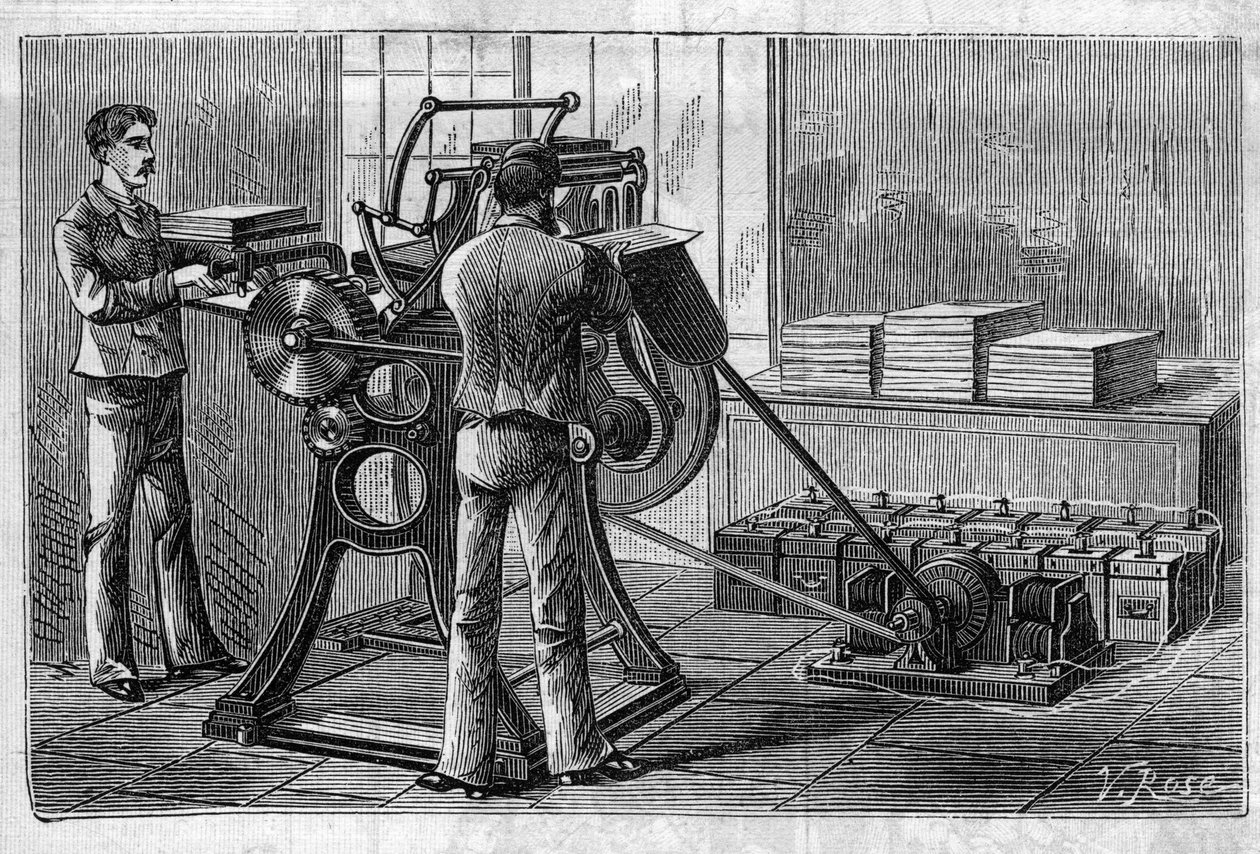 Anvendelse af Faure-batterier: printer drevet af akkumulatoren. Gravering i "" Le Monde Illustré"" af Unknown artist
