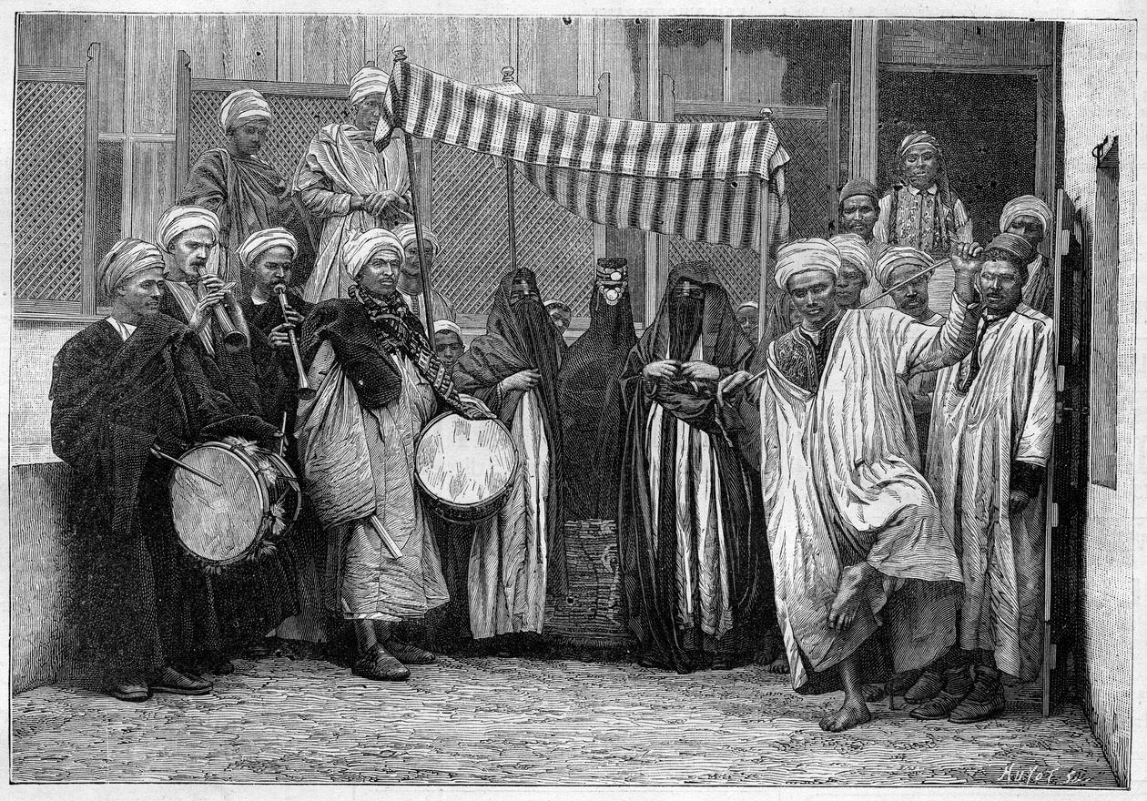 Arabisk skik i Egypten: Brudekortege i Kairo. Gravering i "" Le Monde Illustré"" af Unknown artist