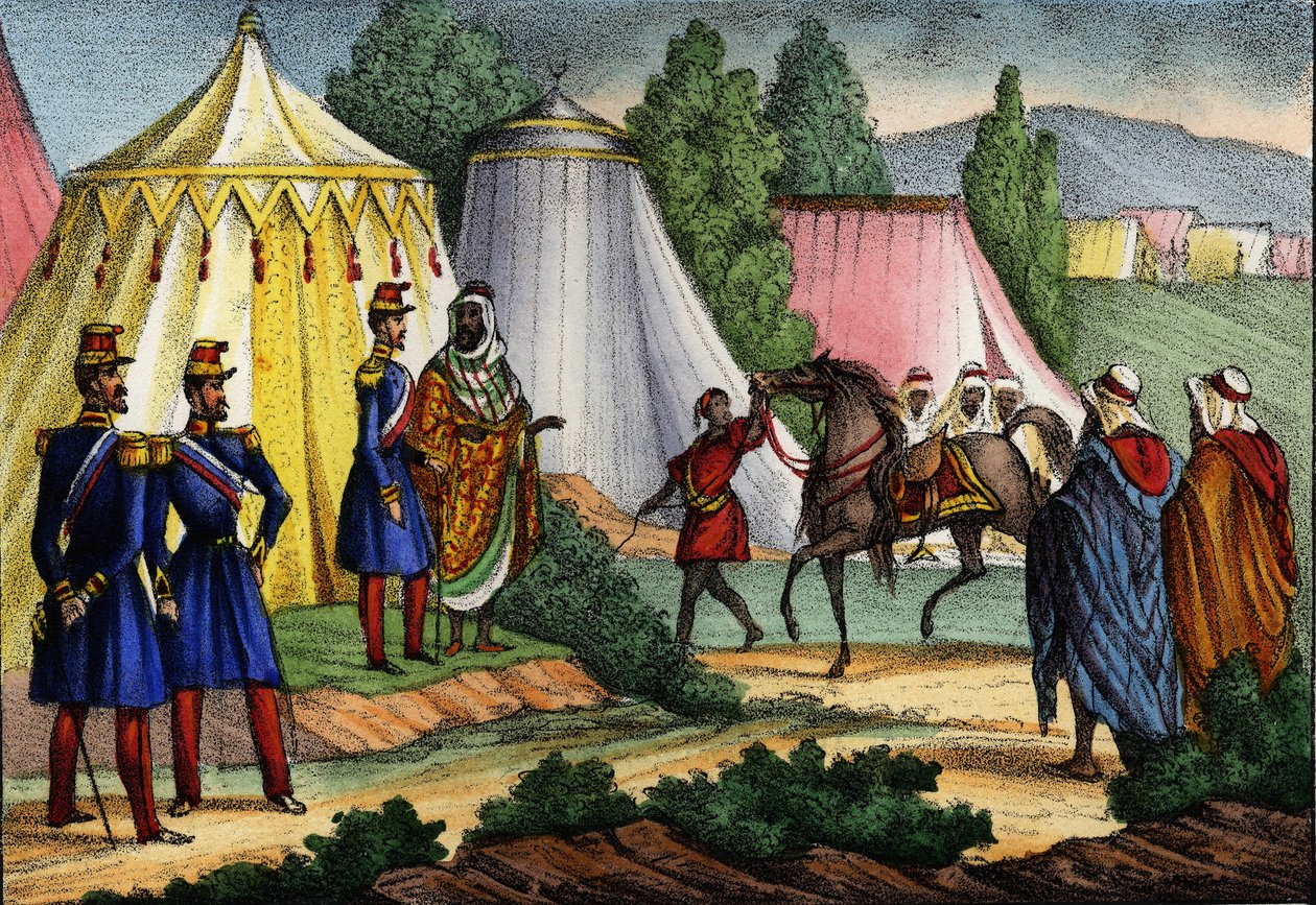 Arabisk leder tilbyder en hest til en officer fra den franske hær i Afrika, Algeriet af Unknown artist