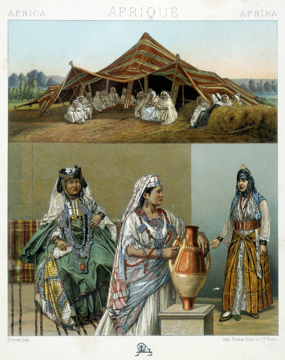 Arabisk telt, algeriske kvindekostumer - i "" Le costume historique"" af Racinet af Unknown artist