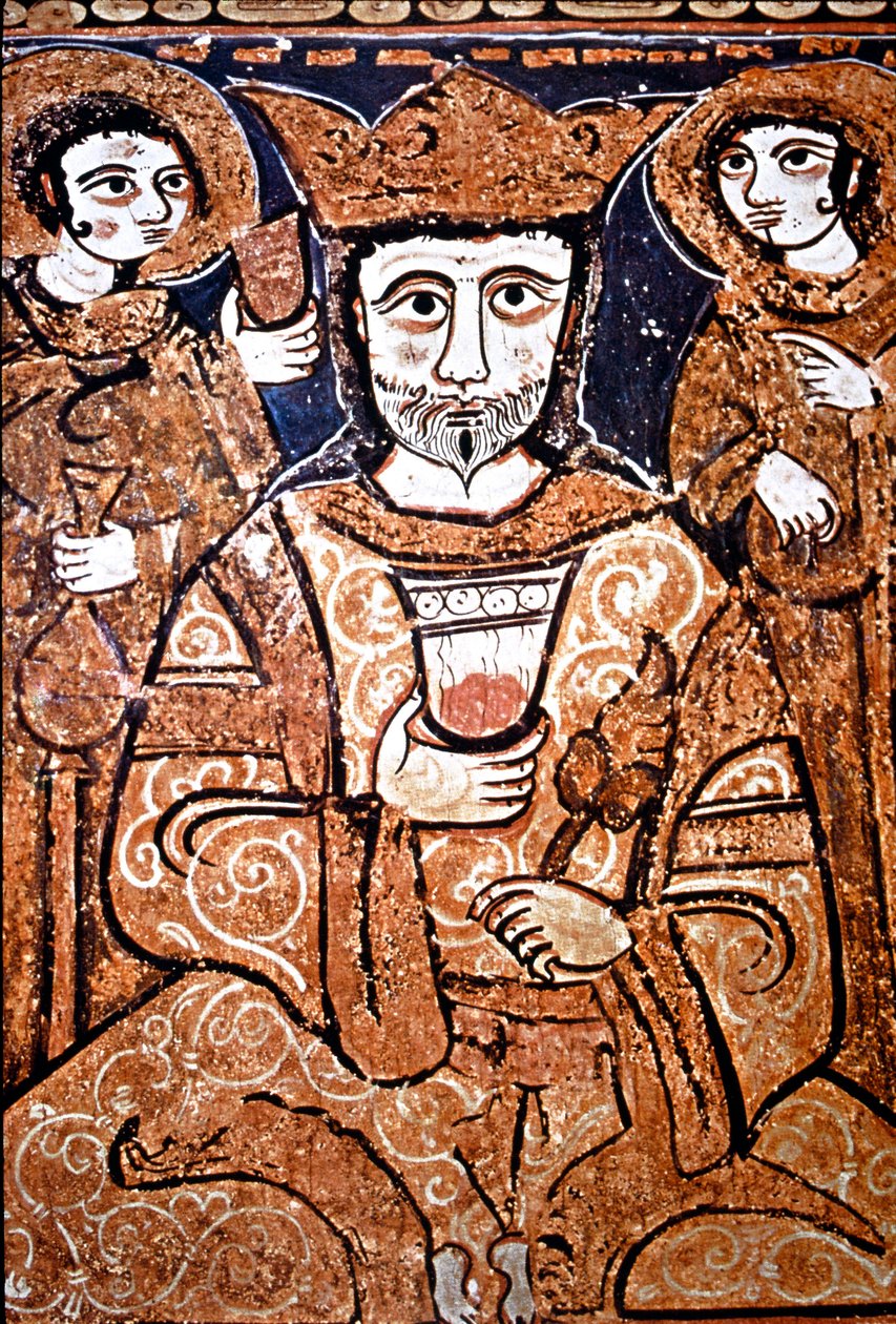 Portræt i Arabonormand-stil af Roger II af Sicilien (1095-1154) omgiver høje dignitærer. Maleri på træ fra 1100-tallet. Palermo, Cappella Palatina del Palazzo Reale (det kongelige palads Palats kapel) Sicilien, Italien af Unknown artist