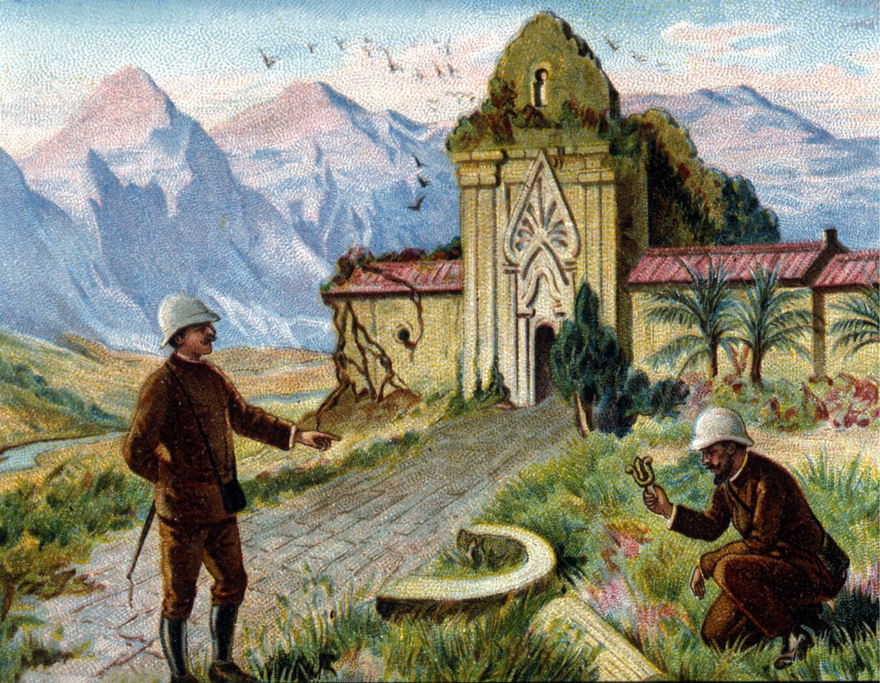 Arkæologer i Cambodja. kromolitografi fra slutningen af det 19. århundrede.. af Unknown artist