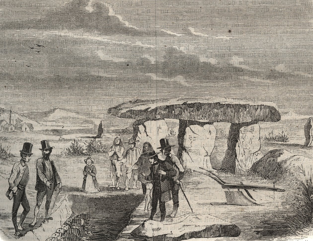 Arkæologiske udgravninger: opdagelse af galliske grave nær Dolmen de la Pierre aux Fees (Pierre-aux-Fees) i Oise (60). Indgravering fra 1856 i "" Le Musee Des Sciences"" af Unknown artist