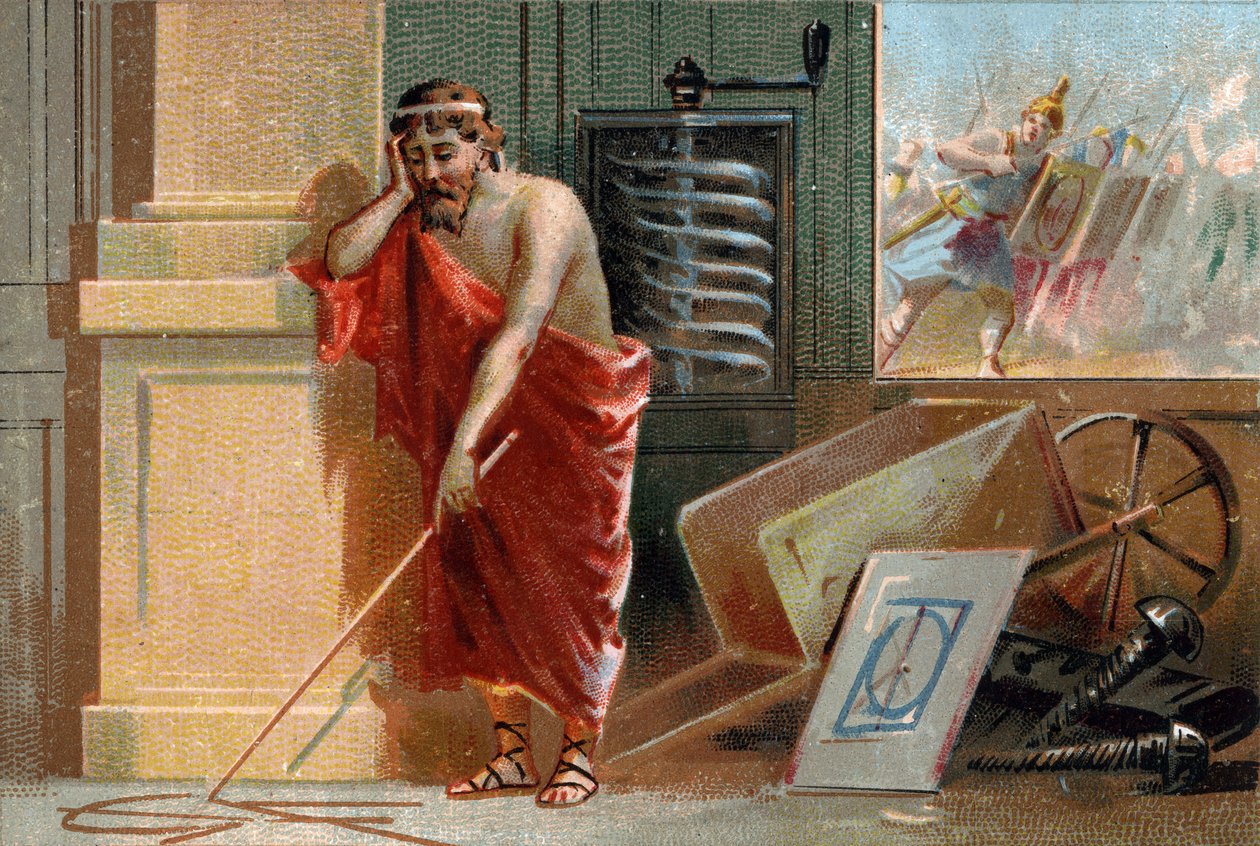 Archimede fra Syracuse (287-212 f.Kr.) plotter geometriske former på jorden, for snart at stoppe ved romerske soldater i bunden af scenen. På hans værksted kan man genkende hans forskellige opfindelser: skruen og trillebøren. Kromolitografi fra det 19. årh af Unknown artist